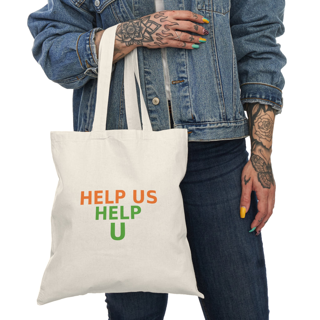 Help Us Help U Natural Tote Bag — Eco-Friendly Reusable Grocery & Market Bag with Heart People Logo