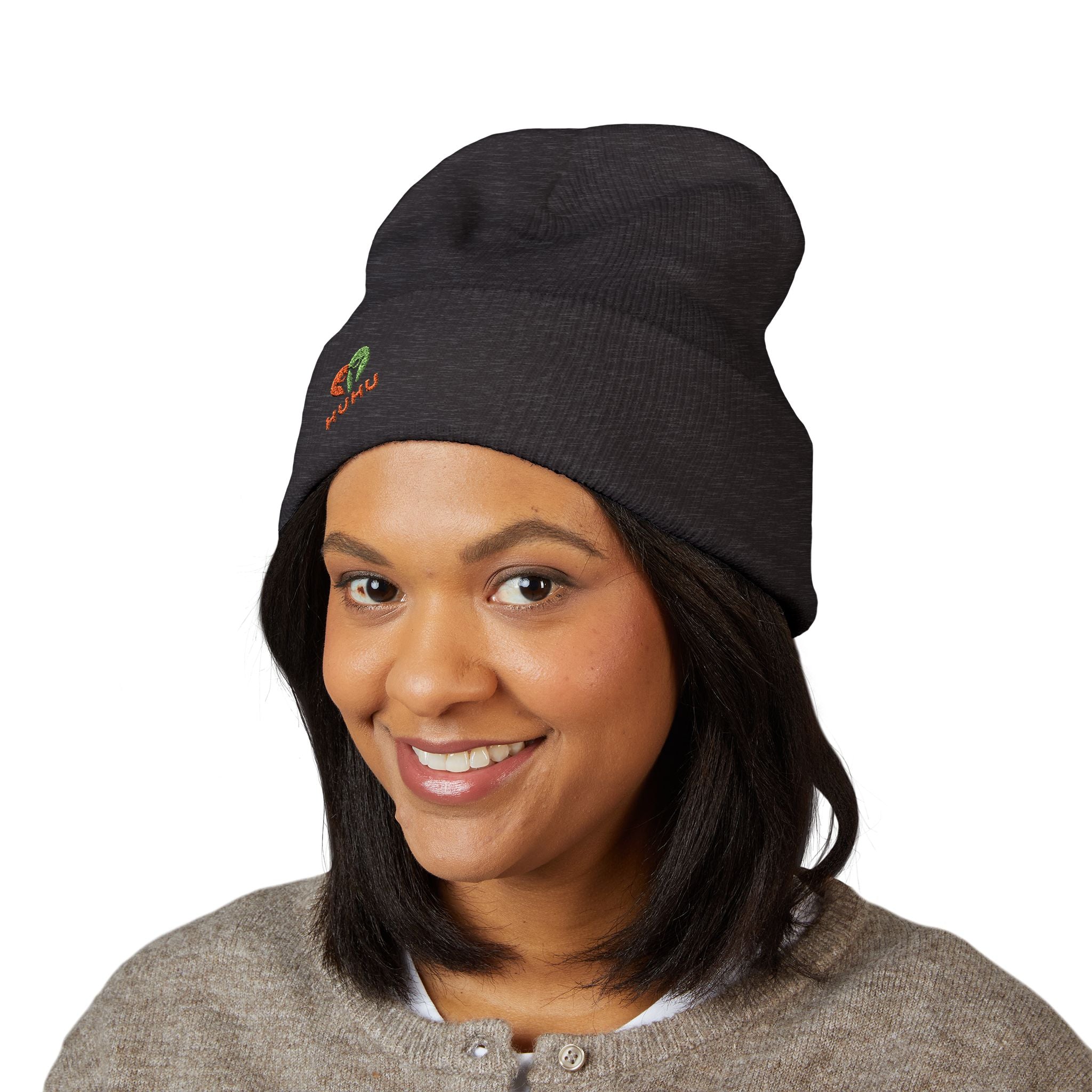 Embroidered HUHU Heart Beanie — Cute Colorful Minimalist Cuffed Hat