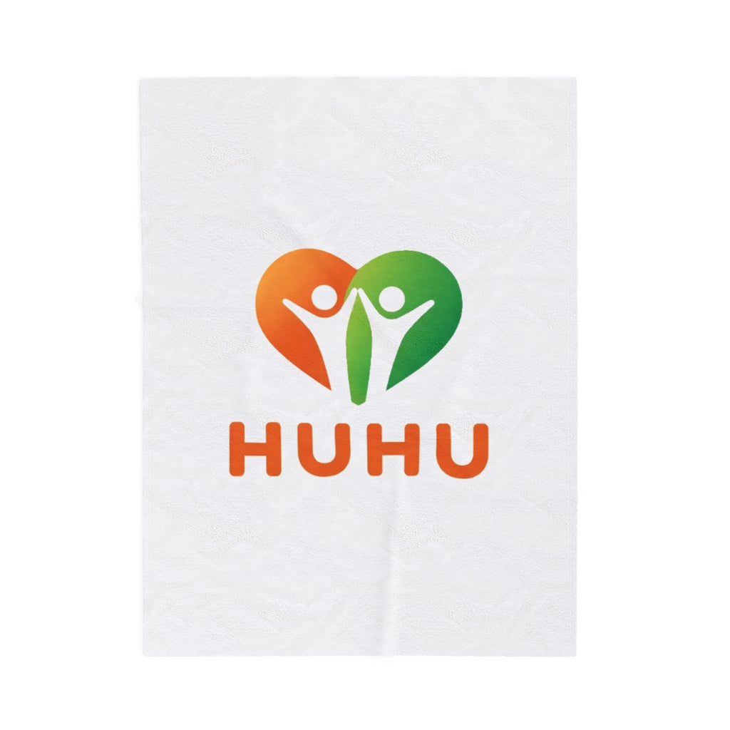 Velveteen plush throw blanket with HUHU heart logo - soft cozy wellness home decor