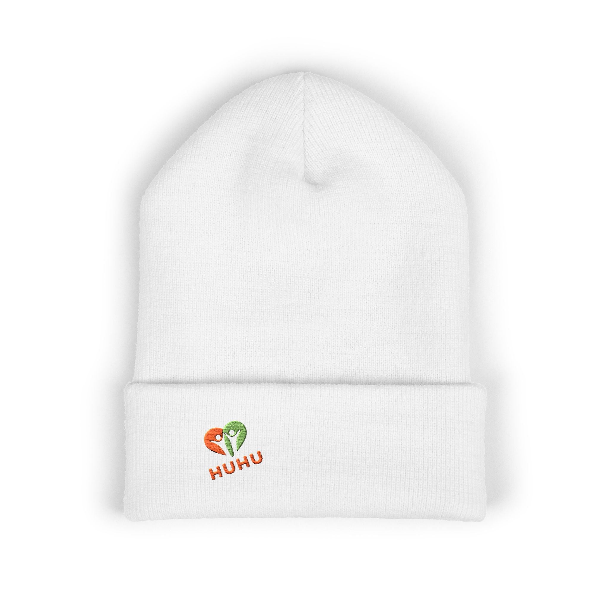 Embroidered HUHU Heart Beanie — Cute Colorful Minimalist Cuffed Hat