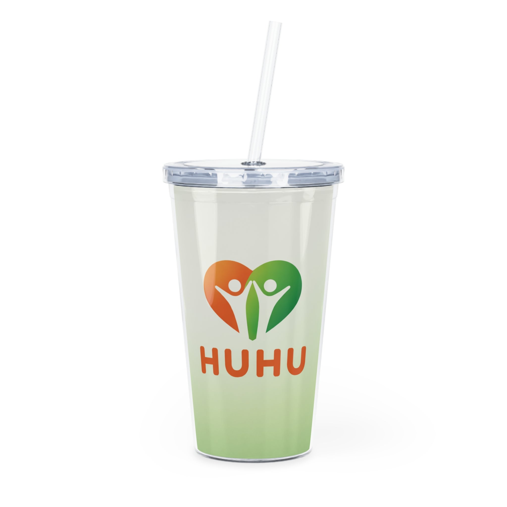 Reusable plastic tumbler with straw and green gradient HUHU heart logo - 20oz wellness drink cup